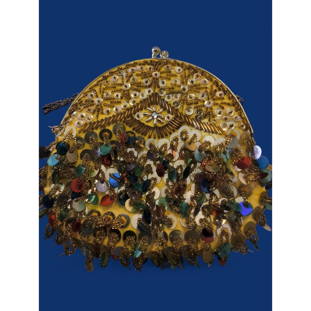 Vintage Beaded Sequin Evening Bag Gold Fringe Kiss Lock Boho Glam - Picture 3 of 10